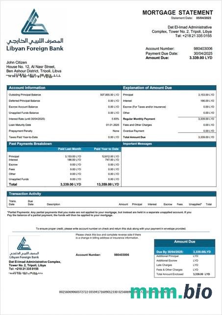 Libia Bank Zagraniczny wyciąg z kredytu hipotecznego szablon Word i PDF